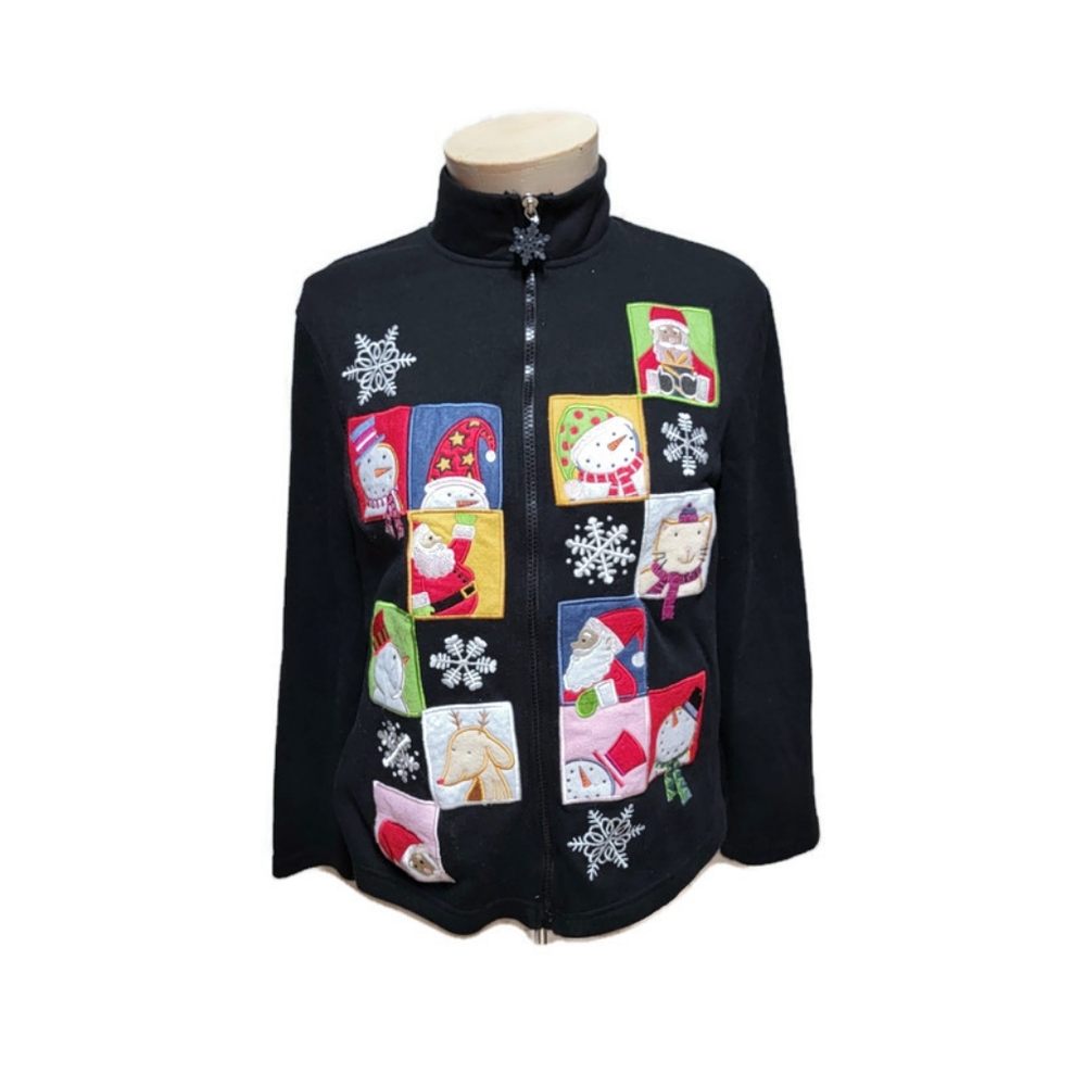 Onque Casual Small Patch Black Zip Up Christmas Sweater Pockets Embellished